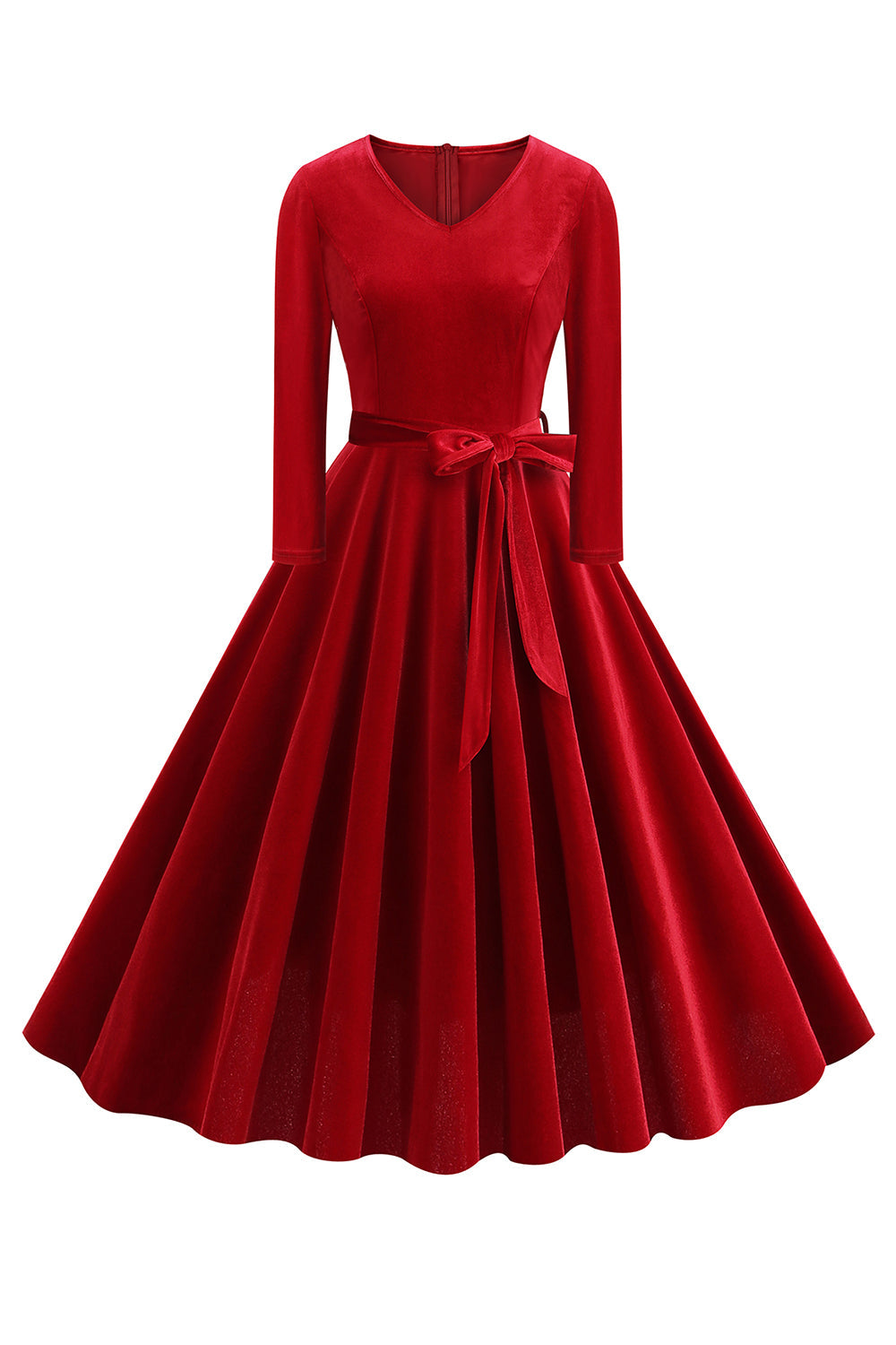 Vestido amarillo de manga larga plisada con escote en V de la década de 1950