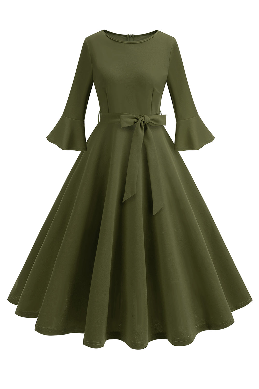 Vestido vintage de manga larga plisada de cuello redondo verde oscuro de la década de 1950