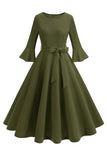 Vestido vintage de manga larga plisada de cuello redondo verde oscuro de la década de 1950