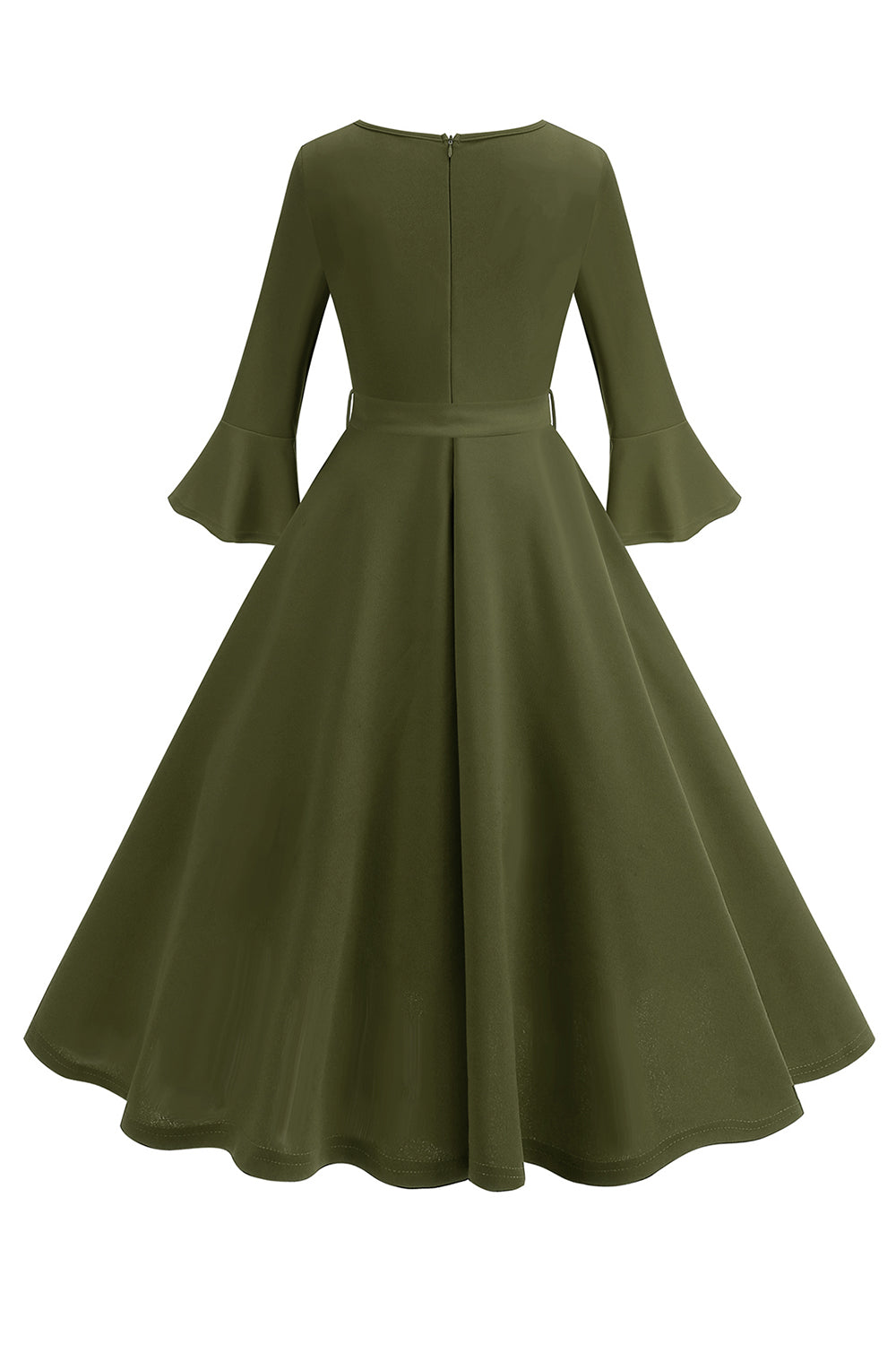 Vestido vintage de manga larga plisada de cuello redondo verde oscuro de la década de 1950