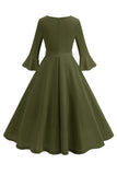 Vestido vintage de manga larga plisada de cuello redondo verde oscuro de la década de 1950