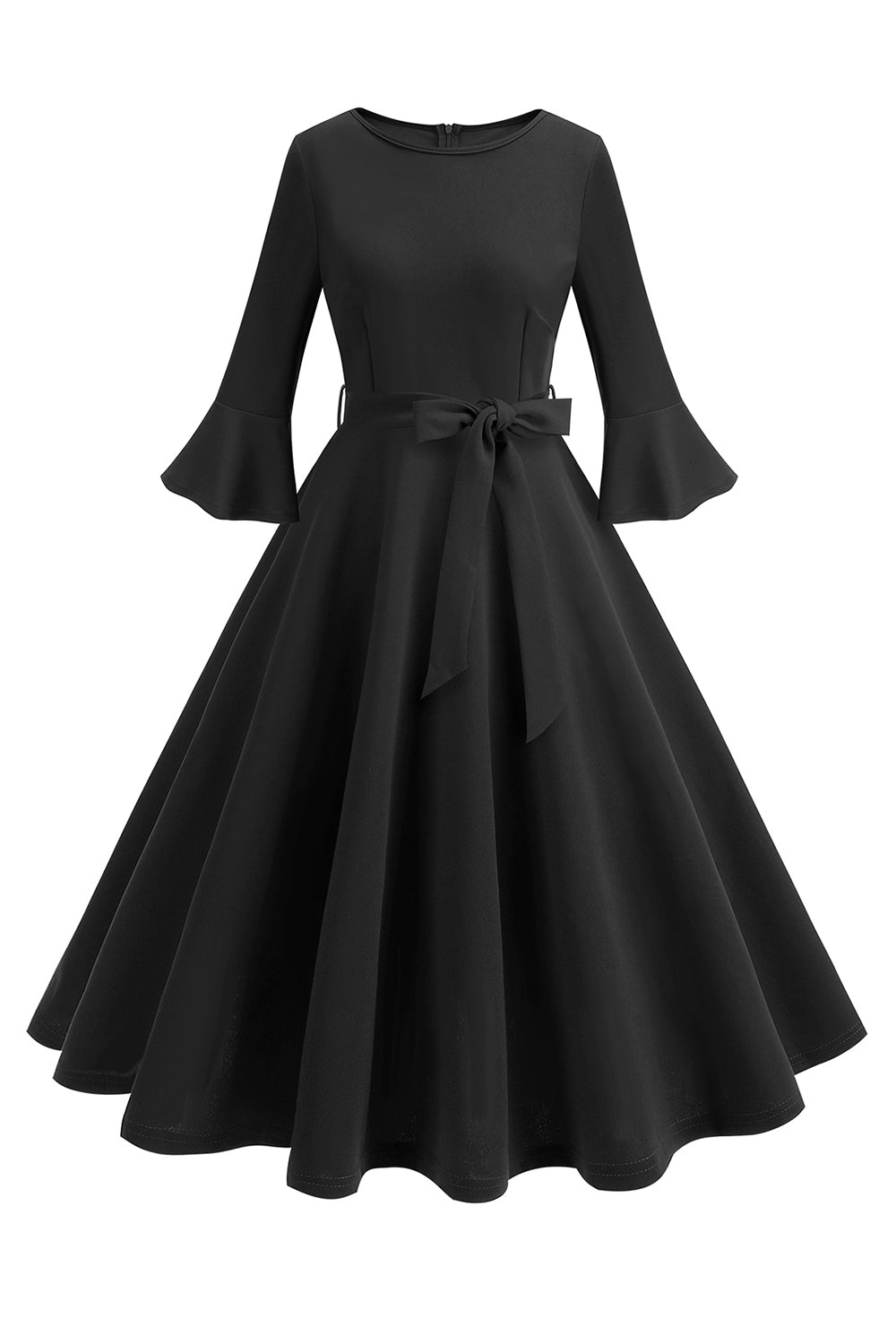 Vestido vintage de manga larga plisada de cuello redondo verde oscuro de la década de 1950