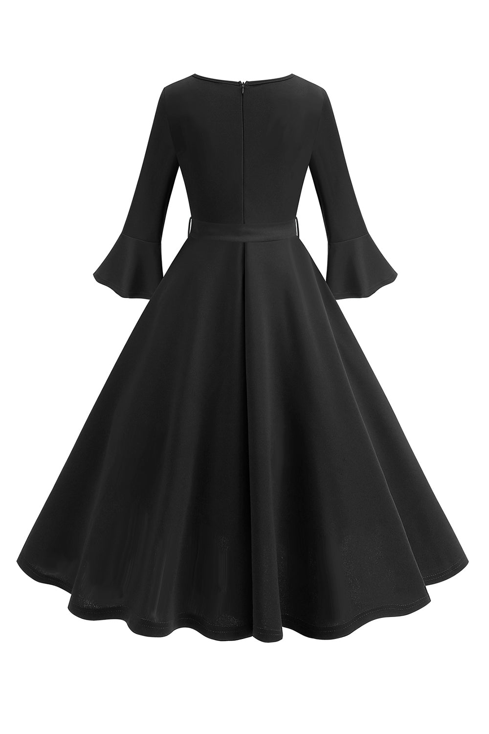 Vestido vintage de manga larga plisada de cuello redondo verde oscuro de la década de 1950