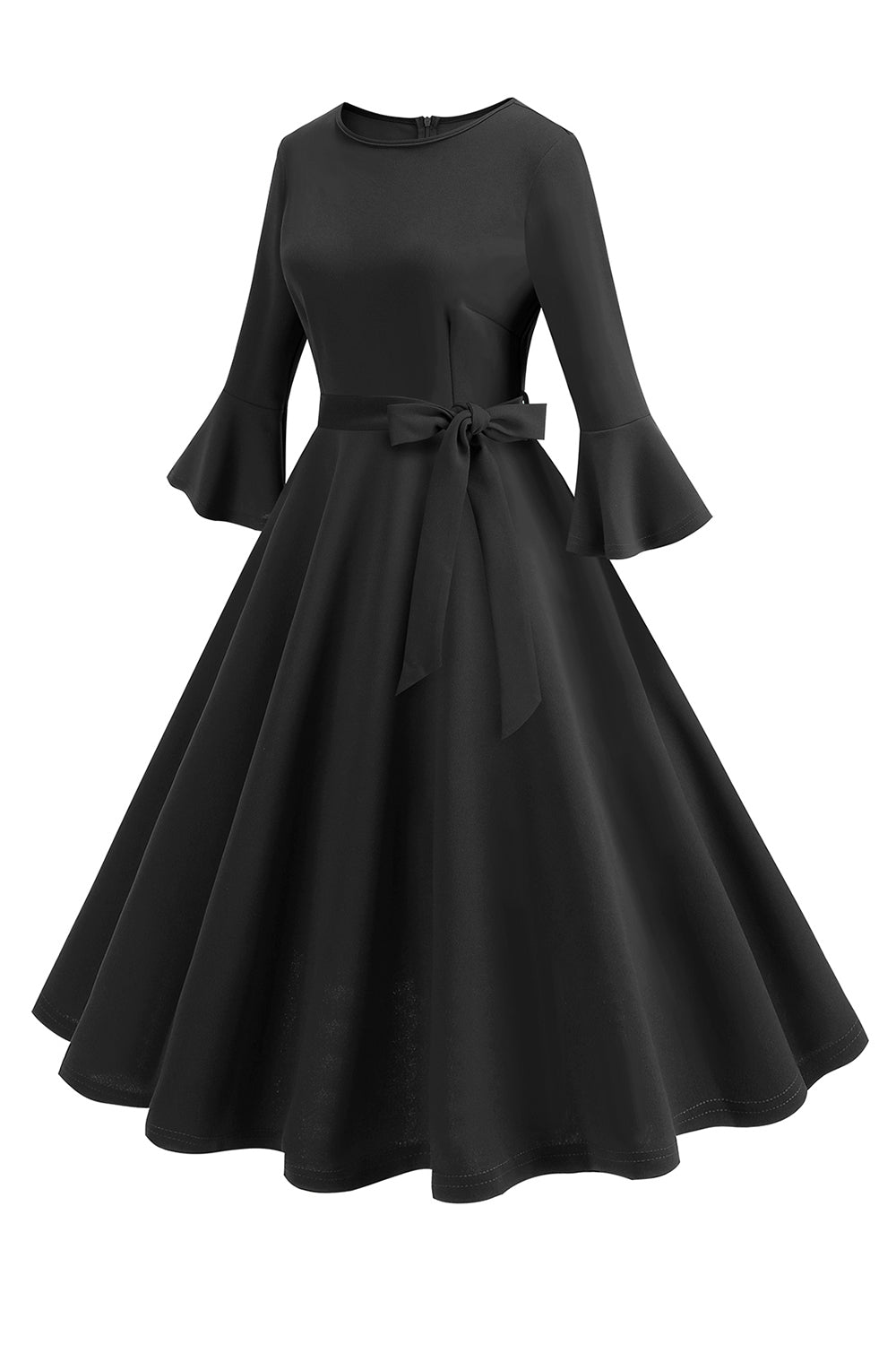 Vestido vintage de manga larga plisada de cuello redondo verde oscuro de la década de 1950