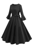 Vestido vintage de manga larga plisada de cuello redondo verde oscuro de la década de 1950