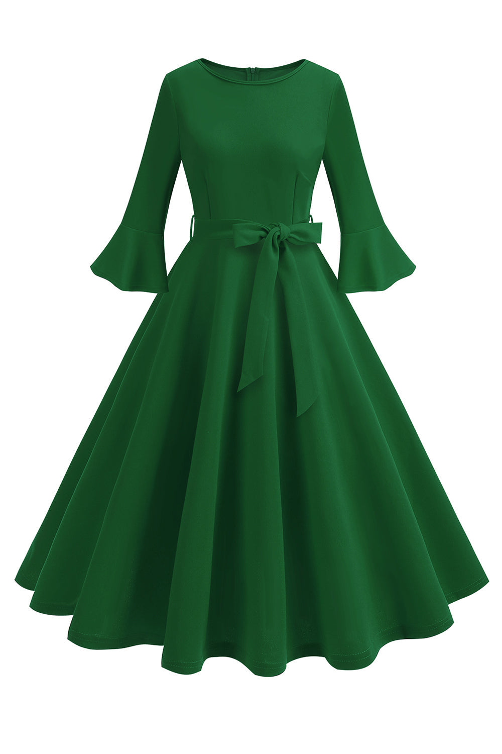 Vestido vintage de manga larga plisada de cuello redondo verde oscuro de la década de 1950
