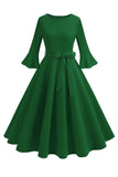 Vestido vintage de manga larga plisada de cuello redondo verde oscuro de la década de 1950
