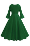 Vestido vintage de manga larga plisada de cuello redondo verde oscuro de la década de 1950