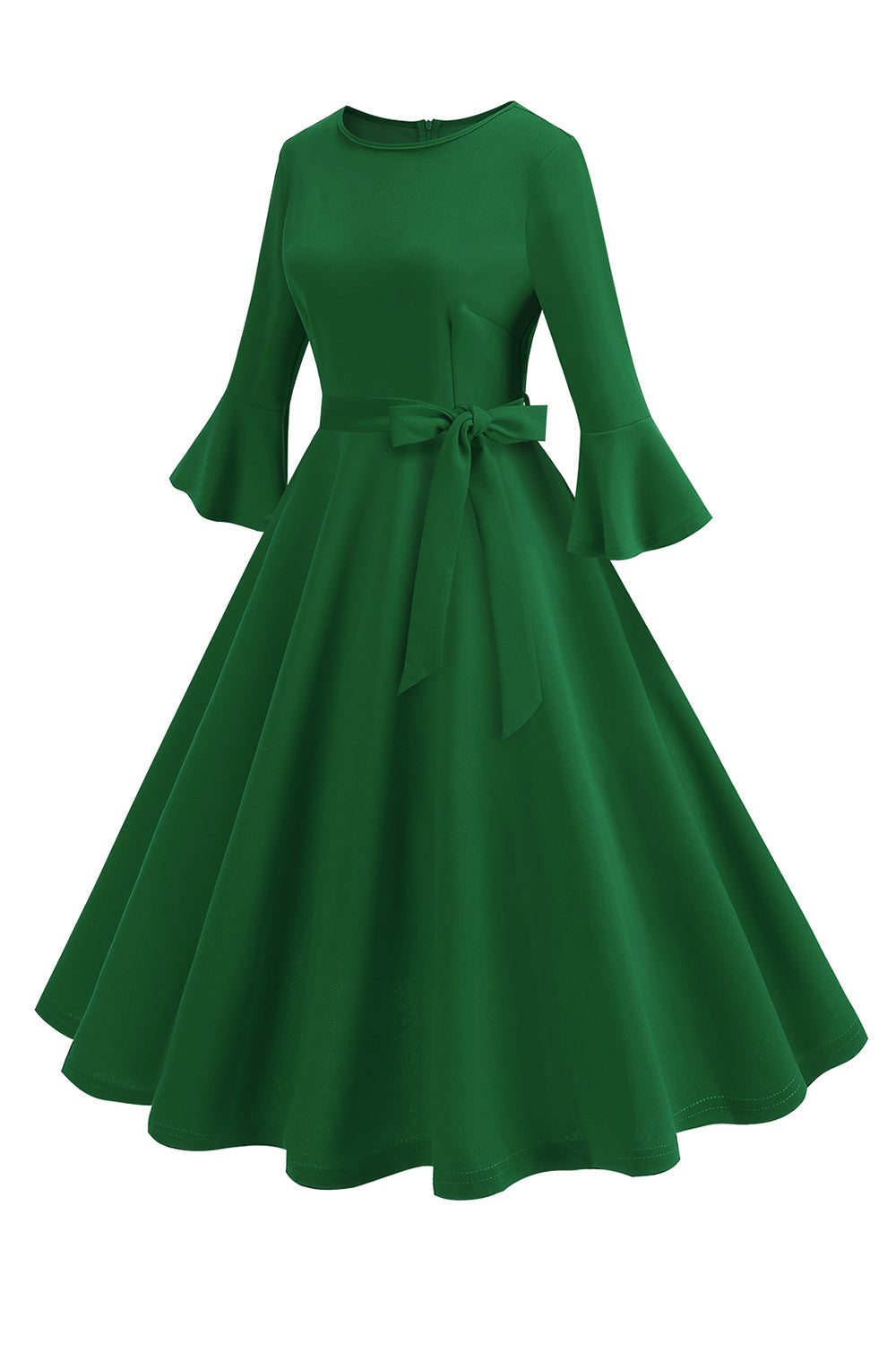 Vestido vintage de manga larga plisada de cuello redondo verde oscuro de la década de 1950