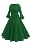 Vestido vintage de manga larga plisada de cuello redondo verde oscuro de la década de 1950