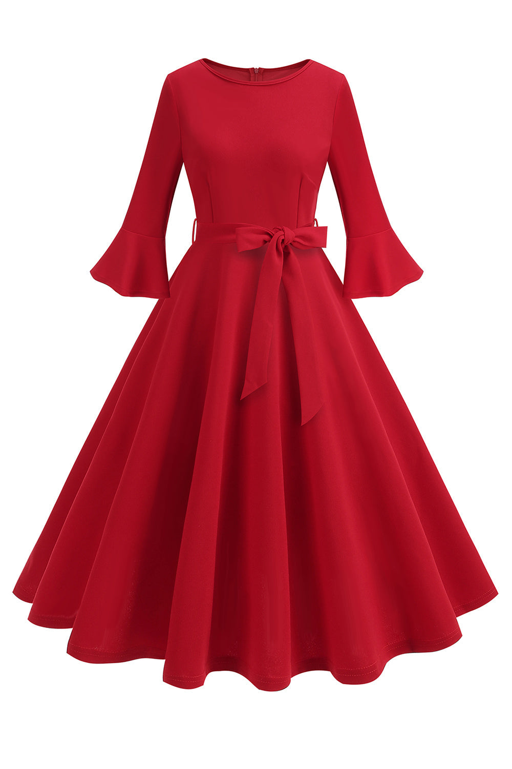 Vestido vintage de manga larga plisada de cuello redondo verde oscuro de la década de 1950