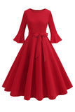 Vestido vintage de manga larga plisada de cuello redondo verde oscuro de la década de 1950