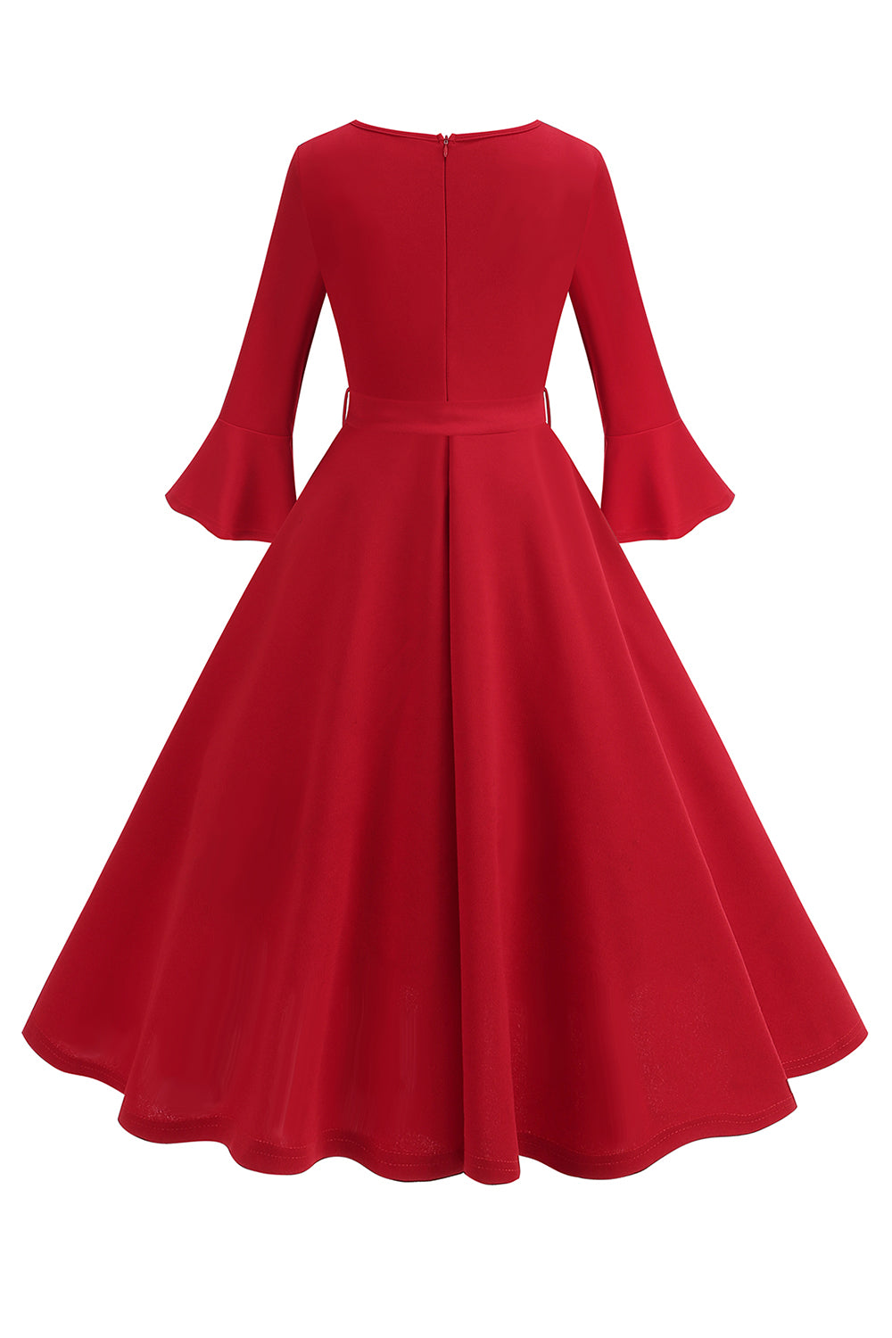Vestido vintage de manga larga plisada de cuello redondo verde oscuro de la década de 1950