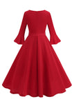 Vestido vintage de manga larga plisada de cuello redondo verde oscuro de la década de 1950