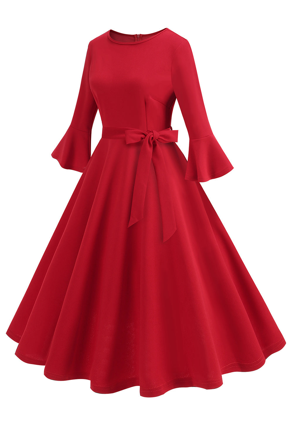 Vestido vintage de manga larga plisada de cuello redondo verde oscuro de la década de 1950