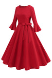 Vestido vintage de manga larga plisada de cuello redondo verde oscuro de la década de 1950