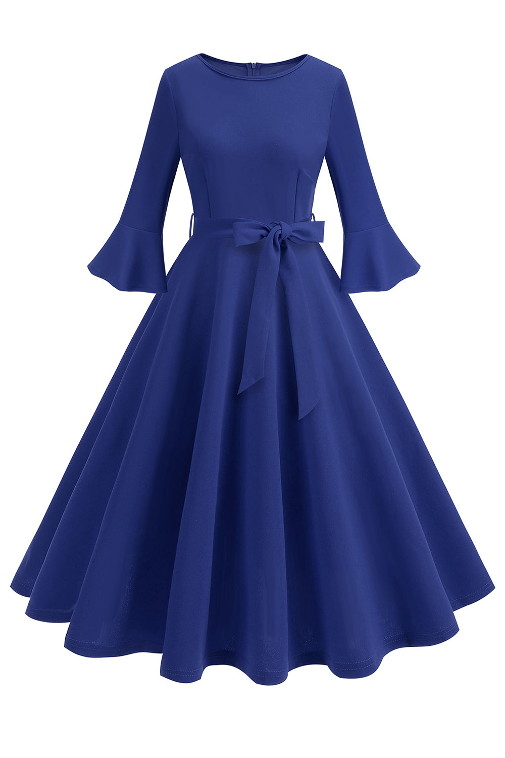 Vestido vintage de manga larga plisada de cuello redondo verde oscuro de la década de 1950