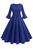 Vestido vintage de manga larga plisada de cuello redondo verde oscuro de la década de 1950
