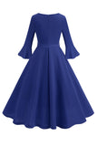 Vestido vintage de manga larga plisada de cuello redondo verde oscuro de la década de 1950