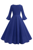 Vestido vintage de manga larga plisada de cuello redondo verde oscuro de la década de 1950
