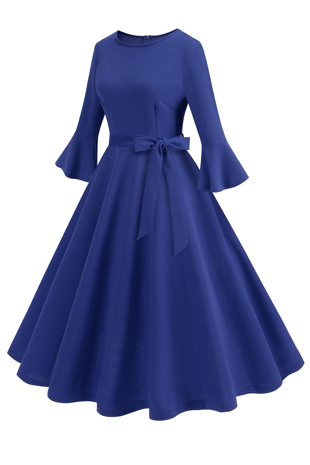 Vestido vintage de manga larga plisada de cuello redondo verde oscuro de la década de 1950