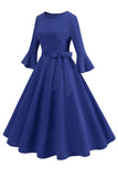 Vestido vintage de manga larga plisada de cuello redondo verde oscuro de la década de 1950