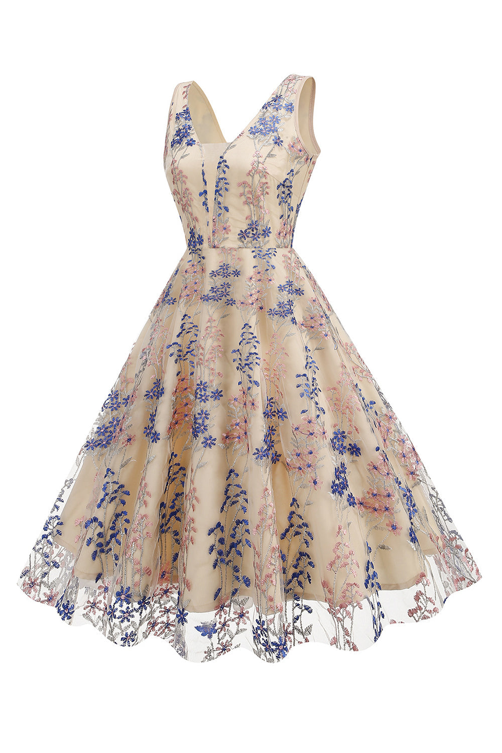 Vestido brillante con mangas de flores de albaricoque Swing de la década de 1950