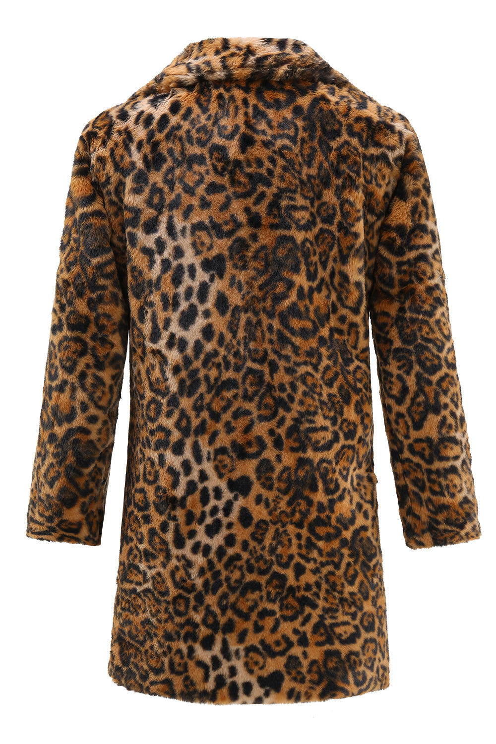 Abrigo de invierno para hombre de piel sintética con estampado de leopardo marrón de longitud media y cuello solapa