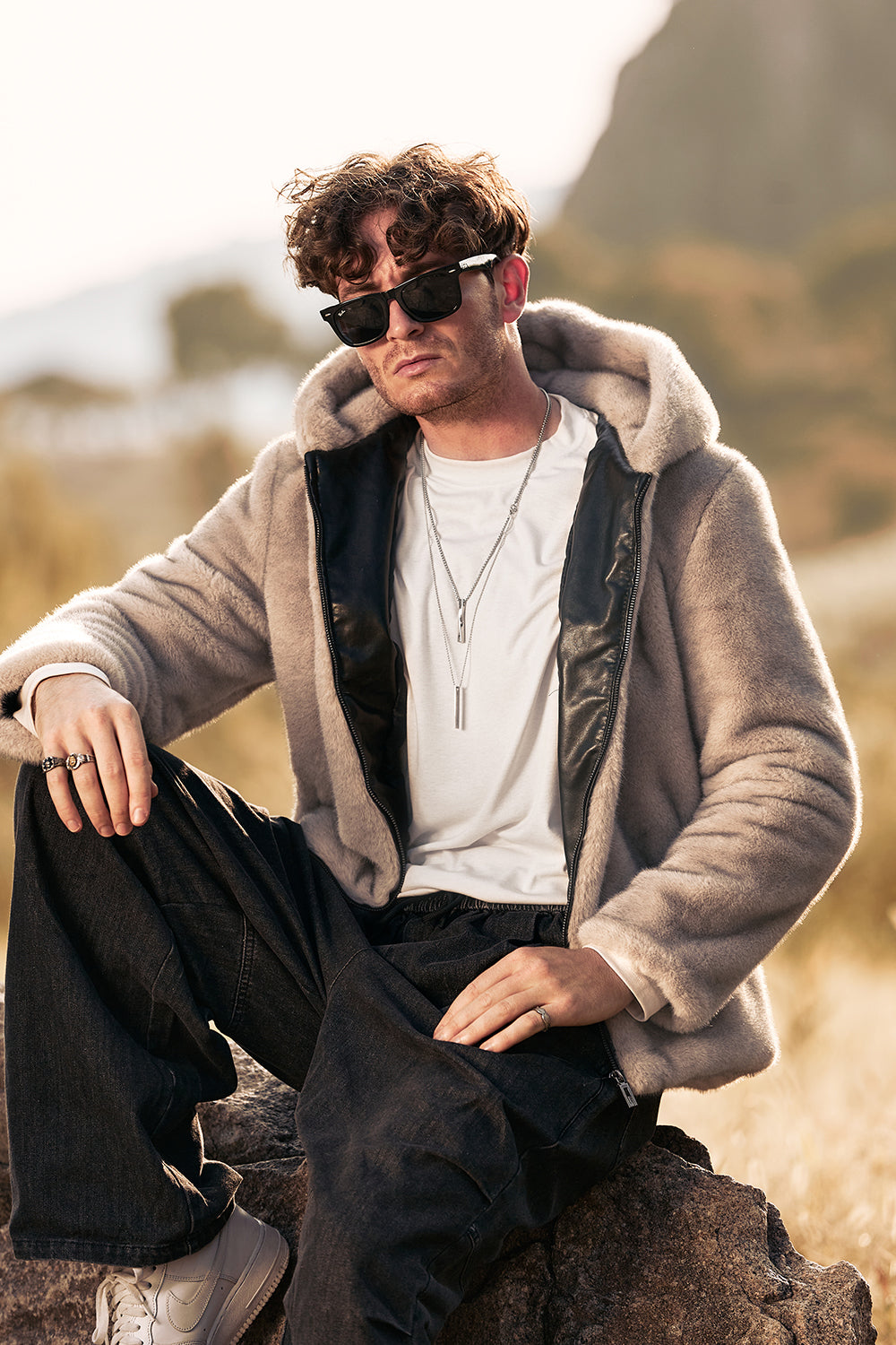 Sudadera con capucha de vellón con cremallera en color caqui Abrigo de invierno para hombre