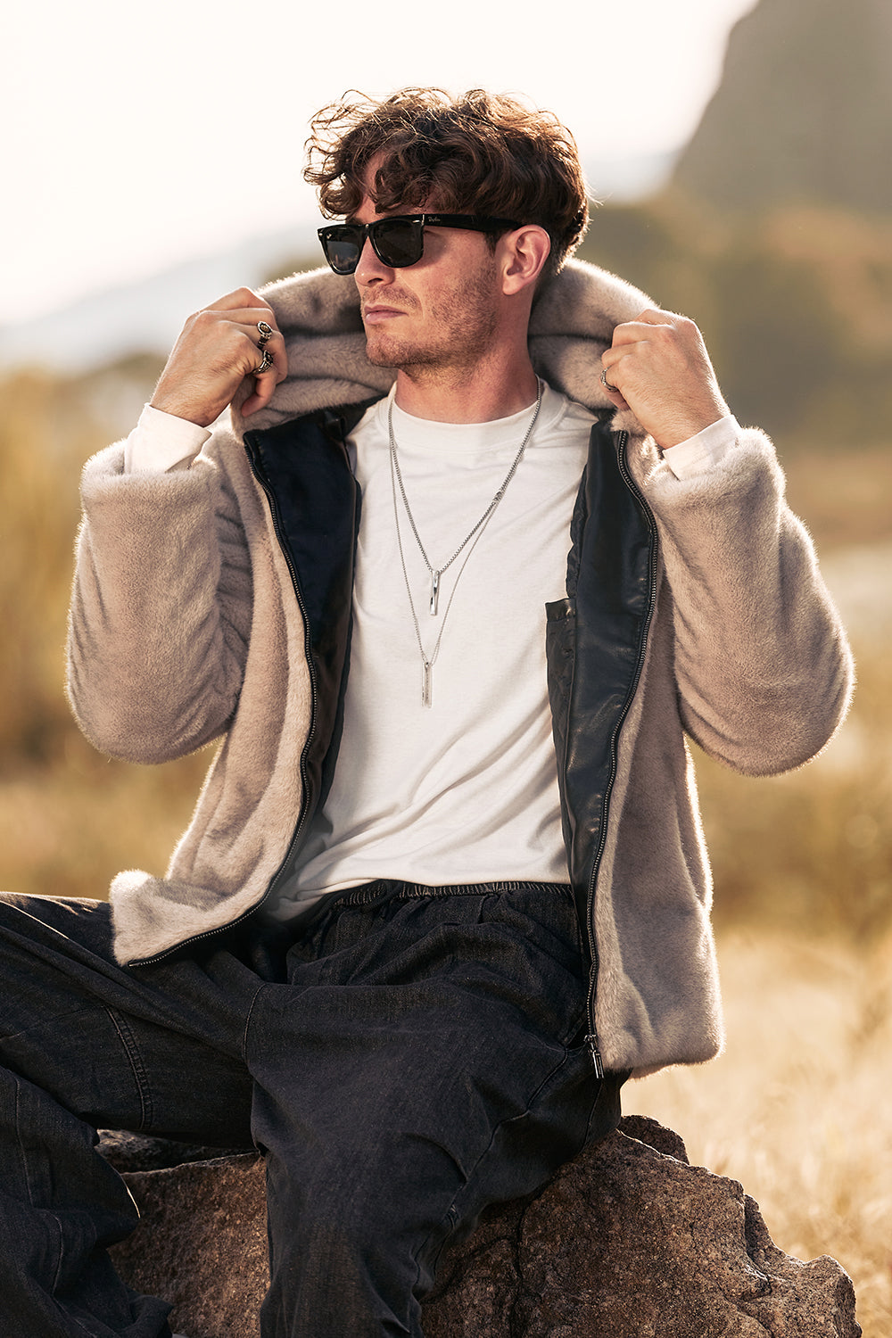 Sudadera con capucha de vellón con cremallera en color caqui Abrigo de invierno para hombre