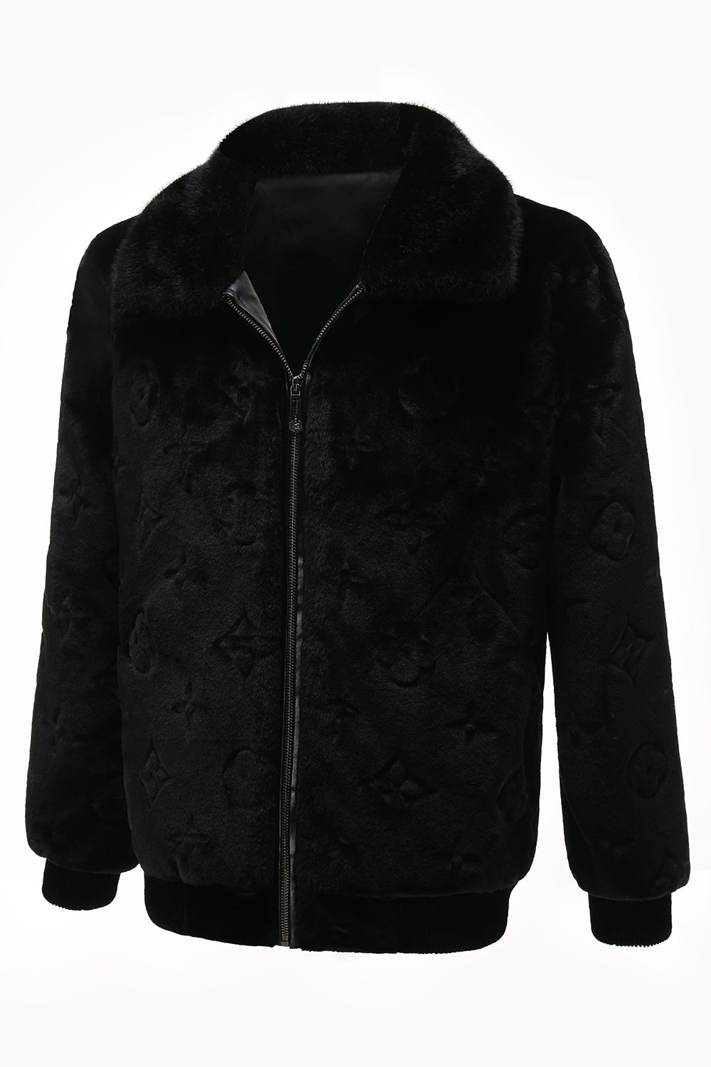 Abrigo negro de invierno con cremallera de piel sintética para hombre