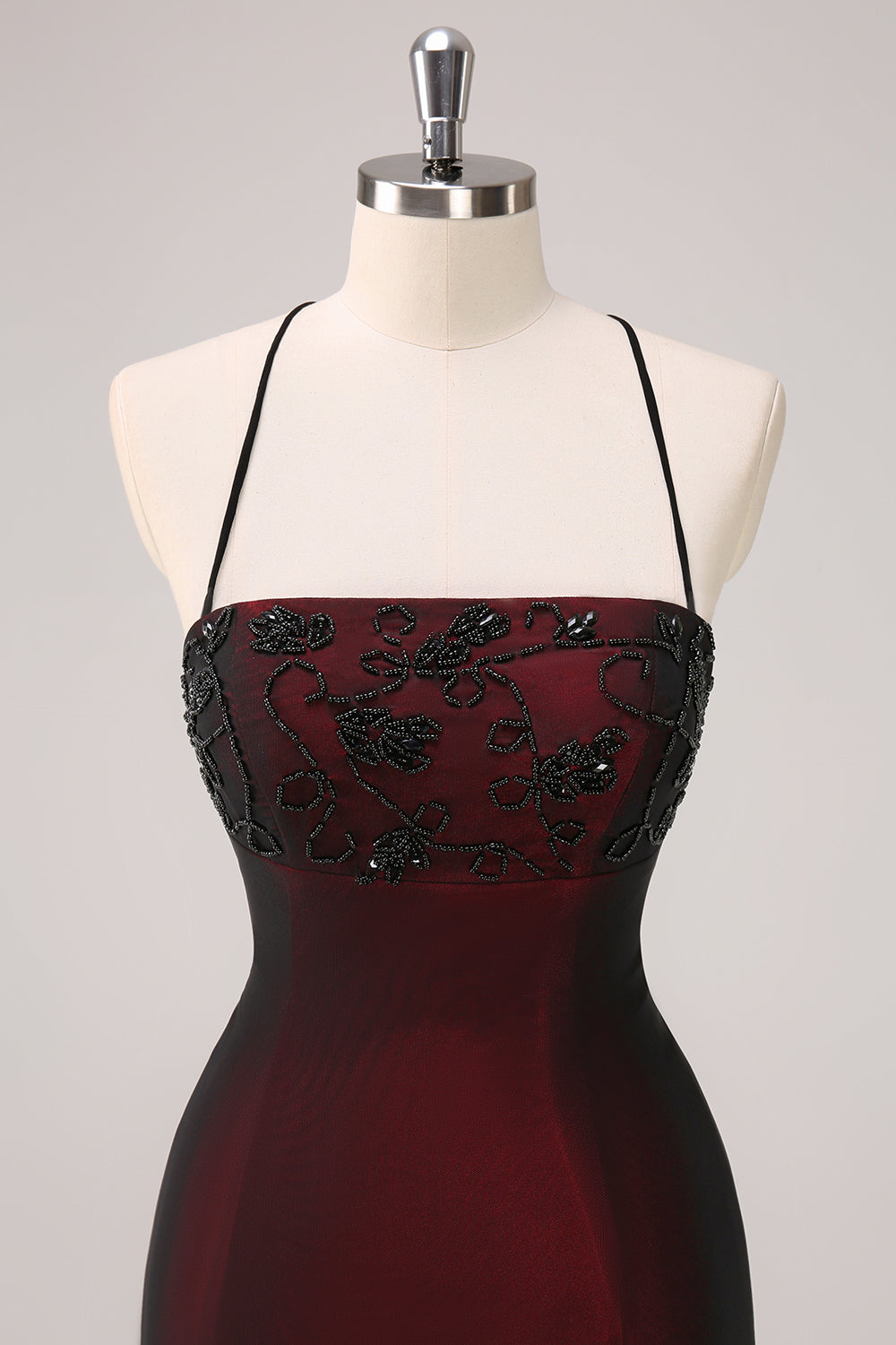 Vestido de dama de honor sirena con tirantes de espagueti rojo negro con abalorios