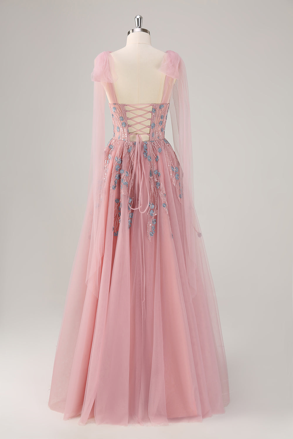 Vestido de fiesta largo rosa de línea A con apliques