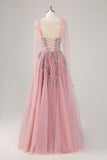 Vestido de fiesta largo rosa de línea A con apliques