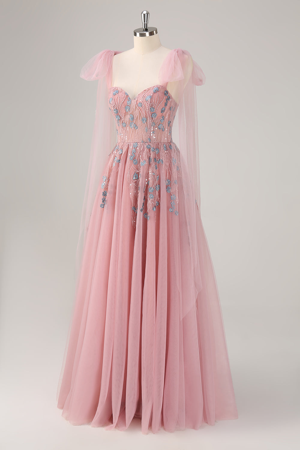 Vestido de fiesta largo rosa de línea A con apliques