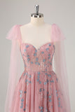 Vestido de fiesta largo rosa de línea A con apliques