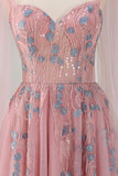 Vestido de fiesta largo rosa de línea A con apliques