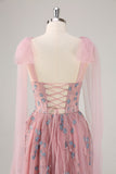 Vestido de fiesta largo rosa de línea A con apliques