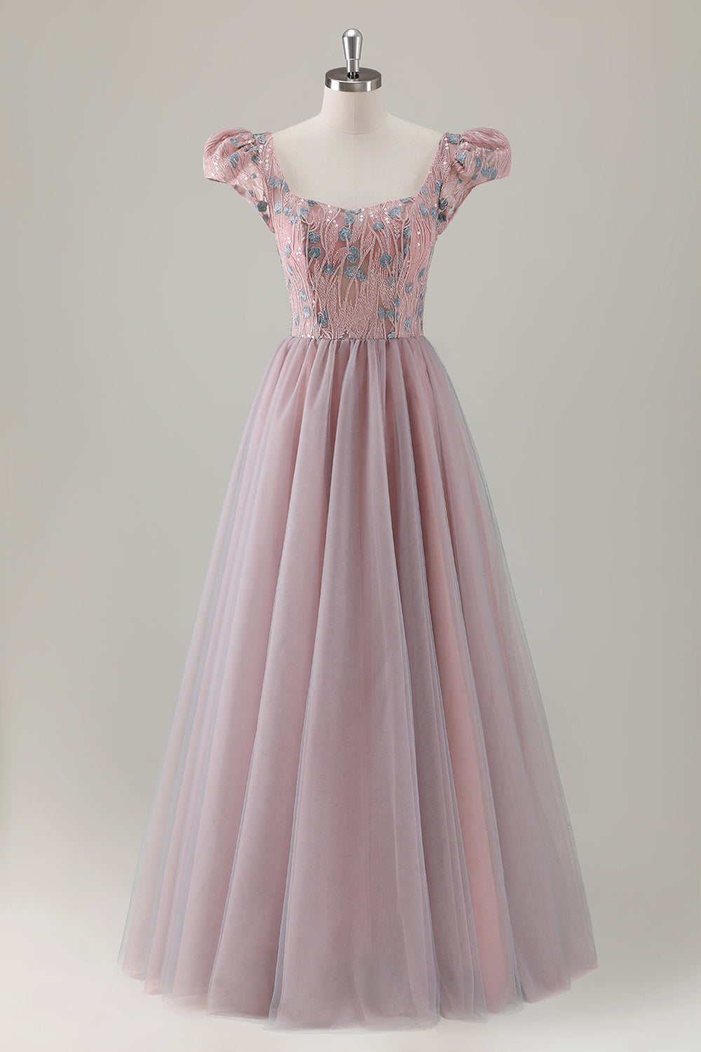 Vestido de fiesta largo de manga corta con flores en forma de A rosa gris