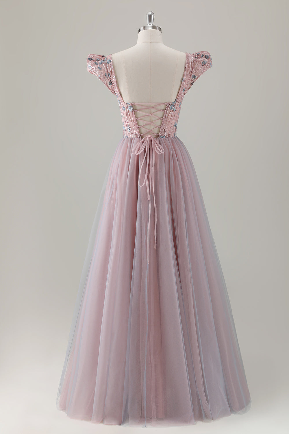 Vestido de fiesta largo de manga corta con flores en forma de A rosa gris