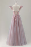Vestido de fiesta largo de manga corta con flores en forma de A rosa gris