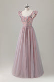Vestido de fiesta largo de manga corta con flores en forma de A rosa gris