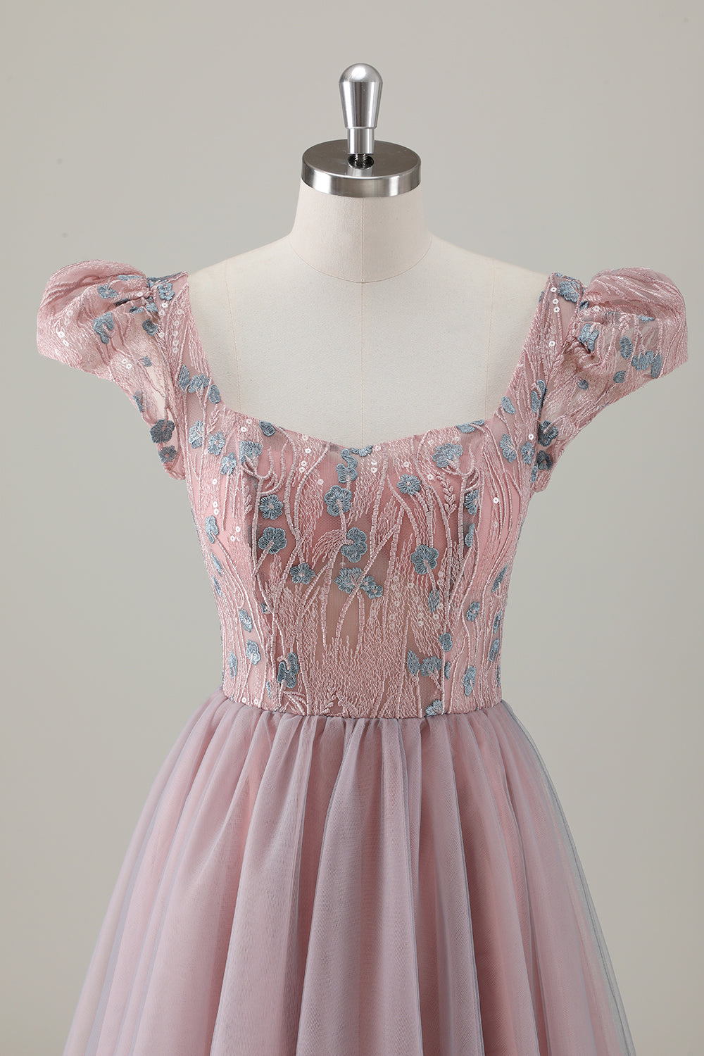 Vestido de fiesta largo de manga corta con flores en forma de A rosa gris