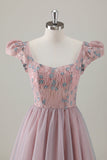 Vestido de fiesta largo de manga corta con flores en forma de A rosa gris