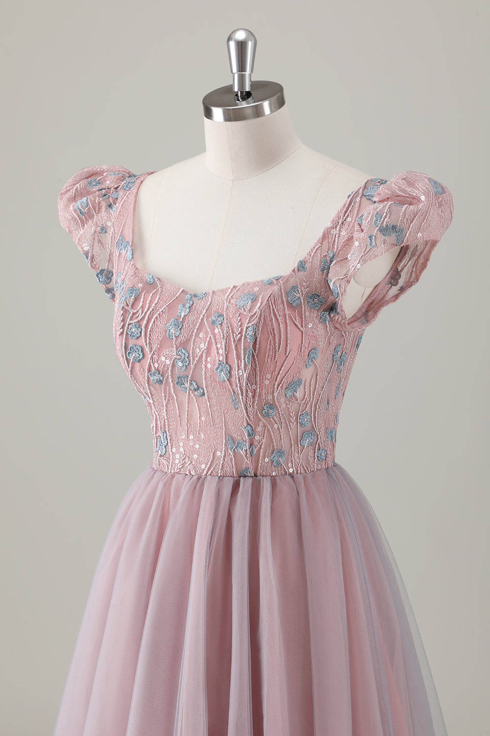 Vestido de fiesta largo de manga corta con flores en forma de A rosa gris