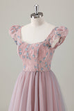 Vestido de fiesta largo de manga corta con flores en forma de A rosa gris