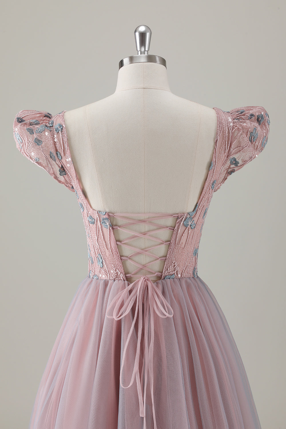 Vestido de fiesta largo de manga corta con flores en forma de A rosa gris