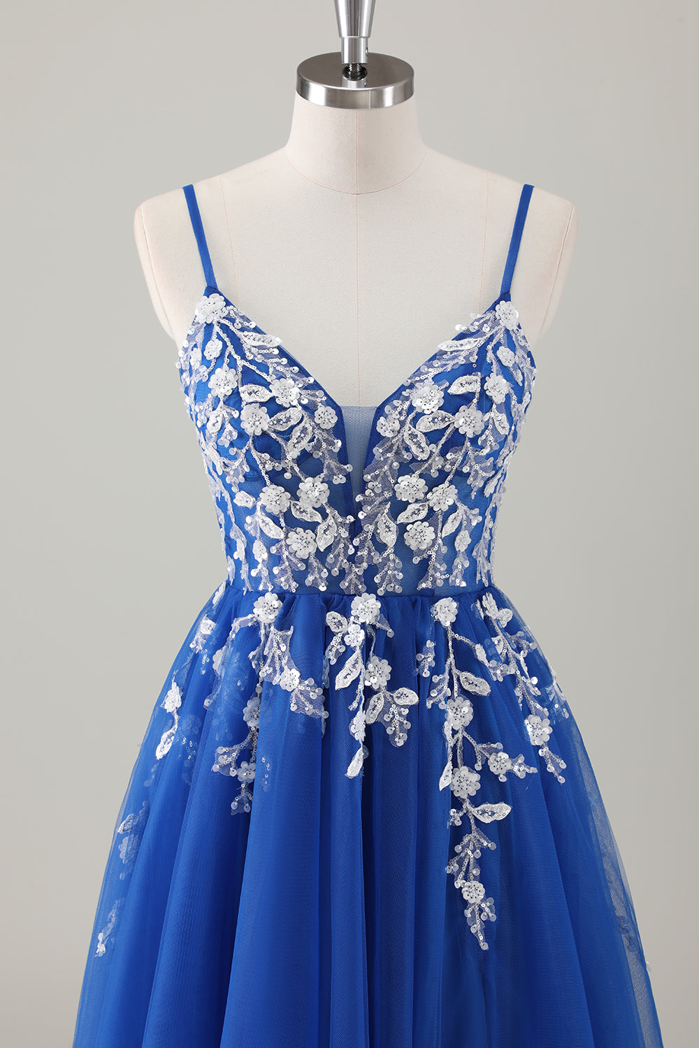 Vestido de gala azul real Vestido de fiesta largo con apliques y abertura