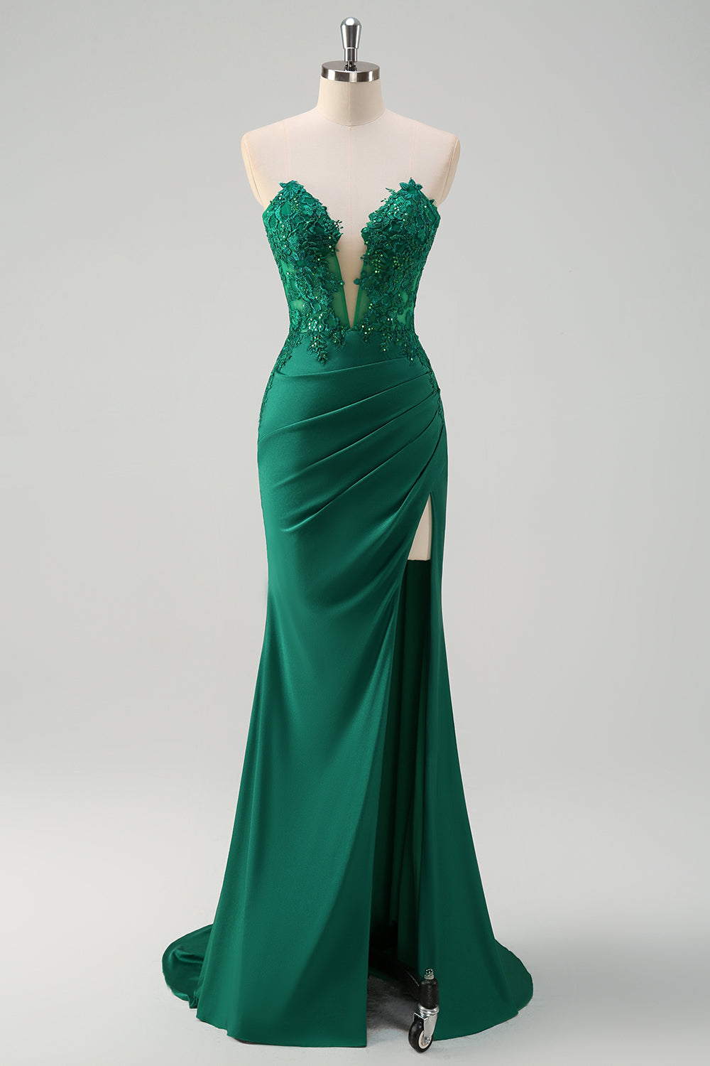 Vestido largo de fiesta con corsé sin tirantes de sirena verde brillante con abertura