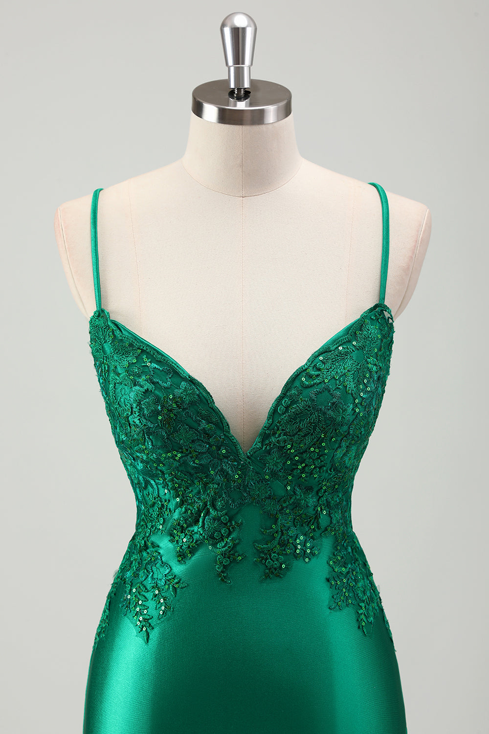 Vestido de fiesta largo de satén con tirantes de espagueti sirena verde brillante con apliques